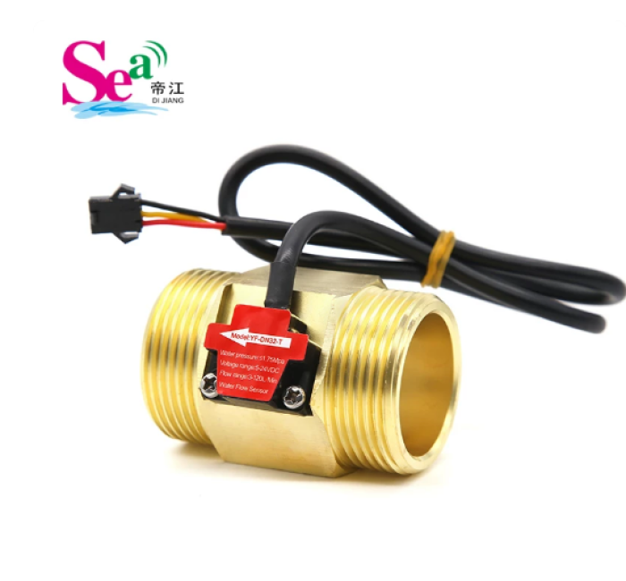 DN32-T  64mm Brass Hall Effect Water Flow Sensor for Water Heaters, High Precision Liquid Flow Meter with Water Temperature and Flow Detection Function